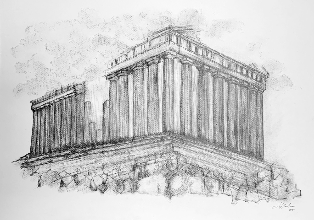 ParthenonAcropolisLandscapeCharcoalDrawingJylBonaguro Jyl Bonaguro